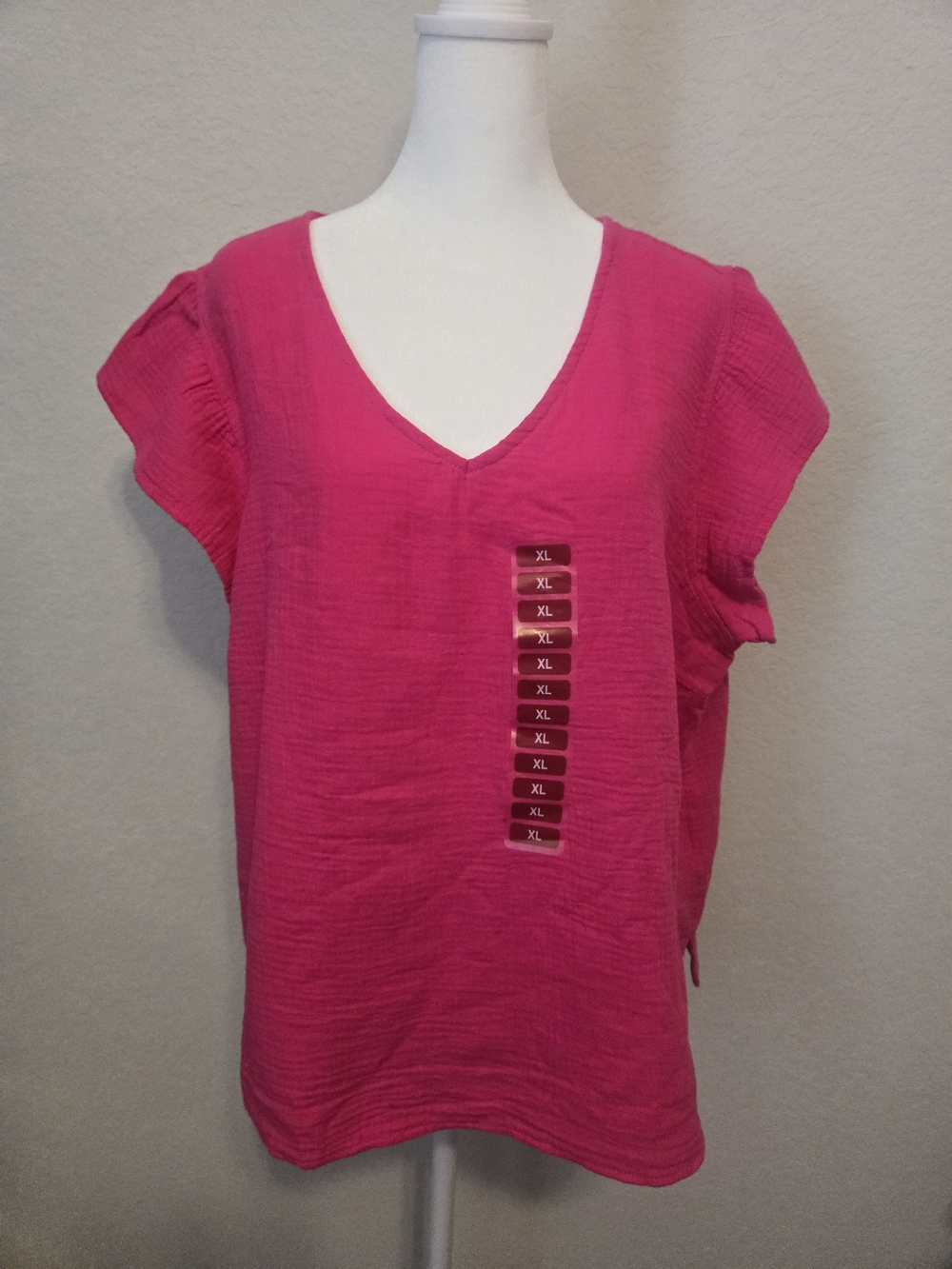 Three Dots Solid Fuchsia Gauze 100% Cotton V-Neck Cap Slv Top Women’s XL